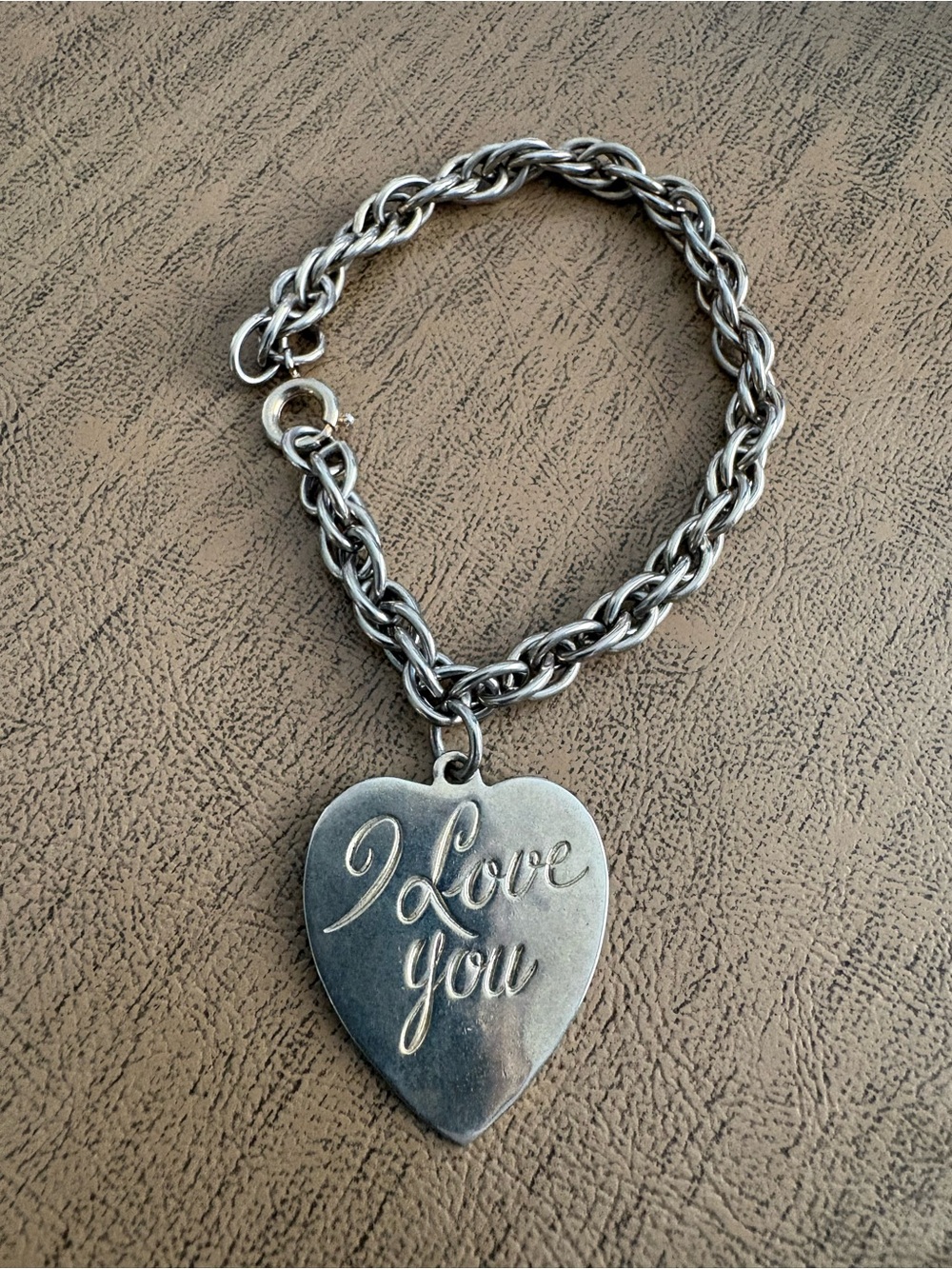 Vintage Coro “I Love You” Heart Charm Silver Tone Bracelet